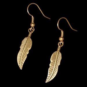 Bronze Feather Charm Earrings Dangle Leaf Charms Dark Feathers Botanical Leaves